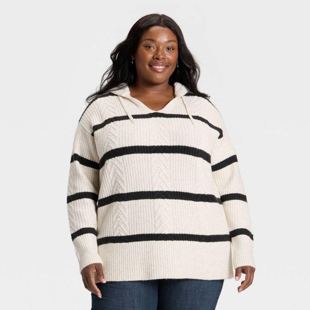 Women's Cozy Cable Hooded Tunic Sweater - Ava & Viv Cream Striped 4X